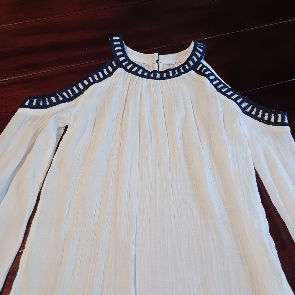 Mine Cutout shoulder blouse long sleeve size S white blue - Picture 13 of 13